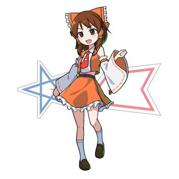 Rule 34 | 1girl, :d, absurdres, adapted costume, badge, bare shoulders, belt, blush, bow, breasts, brown eyes, brown hair, brown shoes, buttons, clenched hands, coat, collared shirt, commentary, crop top, detached sleeves, dot nose, frilled bow, frilled hair tubes, frilled skirt, frills, full body, grey belt, hair bow, hair tubes, hakurei reimu, hand up, highres, insignia, kneehighs, loafers, logo, logo background, looking at viewer, medium hair, midriff peek, miniskirt, necktie, nontraditional miko, open mouth, orange bow, orange coat, orange ribbon, orange skirt, red necktie, ribbon, ribbon-trimmed sleeves, ribbon trim, science special search party uniform, shirt, shoes, sidelocks, simple background, skirt, sleeveless, sleeveless coat, sleeveless shirt, smile, socks, solo, standing, striped clothes, striped socks, teeth, tokusatsu, touhou, ultra series, ultraman (1st series), upper teeth only, user cftx2524, v-shaped eyebrows, white background, white sleeves, white socks, wide sleeves