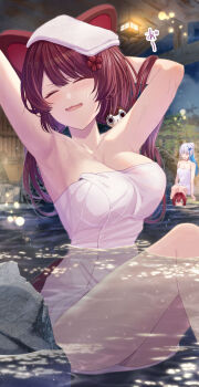 3girls ange_katrina animal_ears blue_hair breasts closed_eyes commentary_request dog_ears dog_girl hair_ornament highres inui_toko kashiwagi_touko large_breasts lize_helesta long_hair multicolored_hair multiple_girls naked_towel nijisanji onsen partially_submerged ponytail red_hair sanbaka_(nijisanji) solo_focus towel towel_on_head virtual_youtuber white_hair