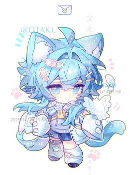 1girl ahoge animal_ear_fluff animal_ears black_shoes blue_eyes blue_hair blue_shorts blush cat_ears cat_girl cat_tail chibi chibi_only closed_mouth dango_hair_ornament dated double-parted_bangs food-themed_hair_ornament full_body grey_shirt hair_between_eyes hair_intakes hair_ornament highres jacket long_hair long_sleeves loose_socks open_clothes open_jacket original shirt shoes shorts simple_background sleeves_past_fingers sleeves_past_wrists socks solo standing tail watermark white_background white_jacket white_socks xingchunxiang