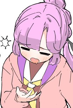 1girl =_= anyoji_hime black_ribbon blush brown_dress closed_eyes commentary_request dress drooling facing_viewer hair_ribbon hand_up hasu_no_sora_school_uniform highres hood hood_down hooded_jacket jacket link!_like!_love_live! long_hair long_sleeves love_live! mouth_drool multi-tied_hair neckerchief open_clothes open_jacket open_mouth pink_hair pink_jacket ponytail ribbon sailor_collar sailor_dress school_uniform sidelocks simple_background solo tazaki_masanobu upper_body virtual_youtuber white_background white_sailor_collar winter_uniform yellow_neckerchief