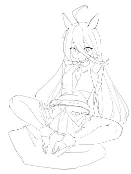 Rule 34 | 1girl, ahoge, animal ears, ass peek, bare shoulders, breasts, detached sleeves, feet, hair between eyes, horse ears, horse girl, huge ahoge, kida eve, long hair, manhattan cafe (umamusume), monochrome, necktie, shirt, sitting, sketch, skirt, sleeveless, sleeveless shirt, small breasts, solo, spread legs, thighs, toeless legwear, umamusume