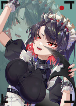 1girl absurdres anger_vein arm_up black_dress black_hair breasts colored_inner_hair commentary_request dress ellen_joe fins fish_tail frilled_wristband green_background hairband highres holding_own_tail large_breasts maid_headdress metal_hairband mole mole_under_eye multicolored_hair open_mouth razor_blade_hair_ornament recording red_eyes red_nails scar scar_on_tail shark_girl shark_tail sharp_teeth short_hair solo spiked_headband suyujiu_u sweat tail teeth upper_body zenless_zone_zero zoom_layer