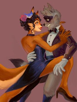 1boy 1girl animal_ears backless_dress backless_outfit biting_own_lip black_fur black_suit blue_hair blush bow bowtie carmelita_fox claws commentary dancing dress english_commentary fangs flower_hairpin formal_clothes fox_ears fox_girl fox_tail furry furry_female furry_male grey_fur hand_on_another&#039;s_leg high_heels highres katiewilliams looking_at_another orange_fur raccoon_boy raccoon_ears raccoon_tail sly_cooper sly_cooper_(series) smile suit sweatdrop tail tango