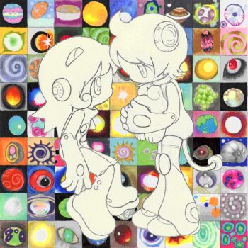 2others abstract_background androgynous android animated animated_gif boots buttons cable cable_tail chinese_commentary closed_eyes closing_eyes commentary_request full_body greyscale_with_colored_background hair_ornament holding holding_stuffed_toy hole_in_chest hole_on_body kiss kissing_cheek leaning_forward long_hair looping_animation mechanical_tail multicolored_background multiple_others oliwa original other_focus short_hair stuffed_animal stuffed_rabbit stuffed_toy tail