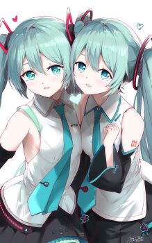 2girls aqua_hair aqua_nails aqua_necktie aqua_trim arm_tattoo asahi_kuroi black_skirt blush breasts collared_shirt commentary detached_sleeves dual_persona hair_between_eyes hair_ornament hatsune_miku hatsune_miku_(vocaloid4) hatsune_miku_(vocaloid4)_(chinese) headset highres light_blush long_hair long_sleeves looking_at_viewer medium_breasts multiple_girls necktie number_tattoo open_mouth shirt simple_background skirt sleeveless sleeveless_shirt smile solo tattoo twintails v4x very_long_hair vocaloid white_background white_shirt wide_sleeves