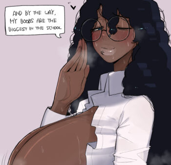 1girl adjusting_eyewear black-framed_eyewear black_hair blush breasts breasts_out breath broccoli_(ohasi) collared_shirt commentary dark-skinned_female dark_skin english_commentary english_text face_piercing from_side furrowed_brow glasses half-closed_eyes hand_on_eyewear hand_up kinky_hair large_breasts light_areolae lip_piercing long_hair long_sleeves looking_at_viewer lowres nose_piercing nostril_piercing ohasi one_eye_closed open_clothes open_shirt original piercing round_eyewear school_uniform shirt side_labret_piercing simple_background smile solo speech_bubble steaming_body sweat thick_lips unbuttoned unbuttoned_shirt upper_body very_dark_skin white_background white_shirt