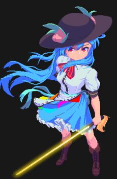 1girl black_background blue_hair blue_skirt boots brown_boots closed_mouth commentary floating_hair frills full_body hat highres hinanawi_tenshi long_hair looking_at_viewer peach_hat_ornament pixel_art potemki11 red_eyes serious shirt short_sleeves skirt solo standing sword_of_hisou touhou white_shirt
