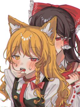2girls amatukimahoro animal_collar animal_ears ascot bare_shoulders black_vest blonde_hair blush bow braid brown_hair collar commentary detached_sleeves finger_in_another&#039;s_mouth frilled_bow frilled_hair_tubes frills hair_bow hair_tubes hakurei_reimu heterochromia highres holding holding_leash kirisame_marisa leash leash_pull multiple_girls red_bow red_eyes red_shirt ribbon-trimmed_sleeves ribbon_trim shirt side_braid single_braid sweat symbol-only_commentary touhou vest white_shirt yellow_ascot yellow_eyes yuri