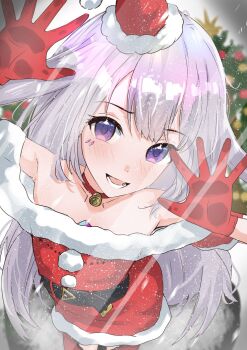 bare_shoulders bell blush breasts chest_jewel christmas_tree collarbone commentary english_commentary glass gloves grey_hair highres hololive hololive_english koseki_bijou long_hair looking_at_viewer lower_teeth_only neck_bell purple_eyes santa_costume small_breasts teeth trapped vanssey virtual_youtuber