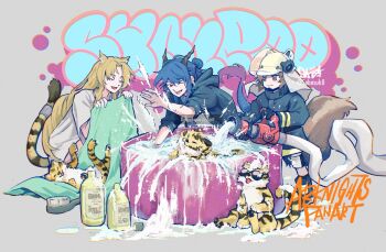 3girls ;d animal animal_ears animal_helmet arknights black_gloves black_jacket blue_hair brown_eyes brown_hair ch&#039;en_(arknights) closed_eyes closed_mouth fake_animal_ears fang fire_helmet firefighter firefighter_jacket gloves graffiti grey_background hair_brush hair_bun helmet holding holding_towel hood hood_down hooded_jacket hose jacket long_hair multiple_girls one_eye_closed open_mouth parted_bangs peppsi_(saba_sabasuk0) red_eyes shampoo_bottle shaw_(arknights) shirt short_sleeves signature smile squirrel_ears squirrel_tail striped_tail sunglasses swire_(arknights) tail tiger tiger_ears tiger_girl tiger_tail towel twitter_username very_long_hair watermark white_helmet white_shirt