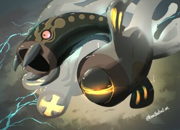 animal_focus blue_skin bo_(bouillustration) colored_sclera colored_skin eel eelektross electricity fangs fish gen_5_pokemon highres lamprey mega_eelektross mega_pokemon multicolored_skin nintendo no_humans open_mouth pokemon pokemon_(creature) pokemon_focus pokemon_legends:_z-a red_sclera solo two-tone_skin white_skin