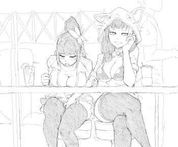 1boy 2girls absurdres animal_hood bikini blush breast_rest breasts breasts_on_table butterfly_hair_ornament choker cleavage clenched_hand closed_mouth collarbone crossed_legs cup dice drinking_straw closed_eyes faceless faceless_male fingering fingernails food fruit greyscale hair_ornament half-closed_eyes hand_on_own_face hatching_(texture) highres hood hood_up ice immersed implied_fingering indoors lemon lemon_slice liquid long_hair minew monochrome multiple_girls open_mouth original ponytail public_indecency sitting sketch skirt sleeves_rolled_up smile stealth_fingering stool sweat swimsuit table teeth thighhighs upper_teeth_only yuri