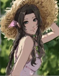 Rule 34 | 1girl, aerith gainsborough, art study, bare shoulders, blurry, blurry background, braid, braided ponytail, breasts, brown hair, dress, final fantasy, final fantasy vii, final fantasy vii rebirth, final fantasy vii remake, green eyes, hair ribbon, hat, highres, holding, holding clothes, holding hat, kivavis, looking at viewer, medium breasts, outdoors, parted bangs, parted lips, pink dress, pink ribbon, ribbon, sidelocks, single braid, sketch, sleeveless, sleeveless dress, smile, solo, straw hat, sun hat, upper body, wavy hair