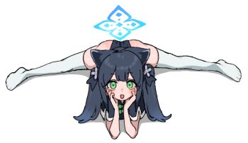 1girl :d absurdres animal_ears ass black_dress black_hair blue_archive blue_halo commentary dress elbow_rest green_eyes hair_ornament halo head_rest highres je_o_mo long_hair looking_at_viewer lying on_stomach open_mouth shun_(blue_archive) shun_(small)_(blue_archive) side_sitting_split smile solo straight_hair thighhighs white_background white_thighhighs