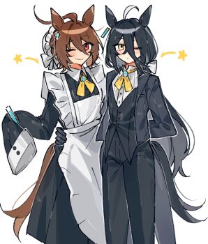 2girls agnes_tachyon_(umamusume) ahoge alternate_costume alternate_hairstyle animal_ears apron arm_around_waist arm_behind_back black_gloves black_hair black_jacket black_pants black_vest blue_gemstone blush bow brown_hair bun_cover butler chemical_structure closed_mouth commentary cross_tie crossdressing crossdressing_(ftm) ear_tag earrings emne english_commentary enmaided female_butler gem gloves hair_between_eyes hair_bow hair_intakes highres holding holding_vial horse_ears horse_girl horse_tail jacket jewelry light_frown long_hair long_hair_between_eyes maid maid_apron manhattan_cafe_(umamusume) multiple_girls one_eye_closed pants parted_bangs red_eyes shirt short_hair sidelocks simple_background single_earring sleeves_past_fingers sleeves_past_wrists smile standing tail tailcoat umamusume very_long_hair vest vial white_background white_bow white_shirt wink_star yellow_eyes
