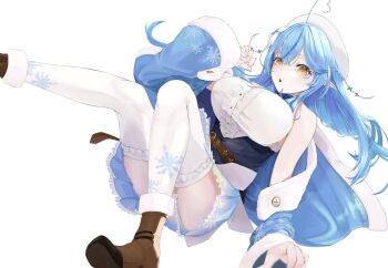 Rule 34 | 1girl, ahoge, beret, blue hair, blue skirt, boots, braid, breasts, brown boots, center frills, edge ill, foot out of frame, frills, fur trim, hair between eyes, hand up, hashtag-only commentary, hat, heart, heart ahoge, highres, hololive, large breasts, long hair, looking at viewer, multicolored hair, open mouth, parted bangs, pointy ears, shirt, simple background, skirt, solo, streaked hair, thighhighs, virtual youtuber, white background, white hat, white shirt, white thighhighs, yellow eyes, yukihana lamy, yukihana lamy (1st costume)