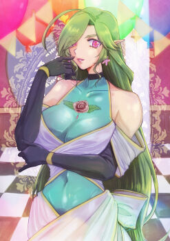 Rule 34 | 1girl, absurdres, ahoge, asaya hikaru, black gloves, blue leotard, breasts, checkered floor, commentary request, covered navel, cowboy shot, elbow gloves, eyes visible through hair, gloves, green hair, hair over one eye, hand up, highres, large breasts, leotard, long hair, looking at viewer, pink eyes, pixiv fantasia, pixiv fantasia mountain of heaven, pointy ears, smile, solo, streamers, very long hair