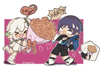 >_< 1boy 1girl arm_behind_back belt black_belt black_bow black_bridal_gauntlets black_shorts blank_eyes blue_cape blue_gem blue_hair blue_kimono blunt_ends blush border bouquet bow bracelet bridal_gauntlets cape clenched_hand closed_eyes colored_tips commentary_request covering_own_mouth dress eyeliner facing_another feathers flower gem genshin_impact giving green_hair green_sleeves hair_between_eyes hair_ornament half_crown_braid hand_over_own_mouth heart hetero hiding holding holding_bouquet japanese_clothes jewelry juban kimono leaf leaf_hair_ornament looking_at_another makeup multicolored_hair nahida_(genshin_impact) open_clothes open_kimono open_mouth pink_background pink_bow purple_sash red_eyeliner sash scaramouche_(genshin_impact) short_hair short_sleeves shorts sidelocks socks speech_bubble spoken_object stirrup_footwear streaked_hair surprised toeless_legwear toyerdog twitter_username vision_(genshin_impact) wanderer_(genshin_impact) white_border white_dress white_hair white_kimono white_sleeves white_socks yellow_feathers