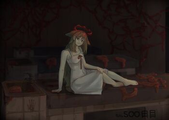 1girl :3 absurdres blood bow dress green_eyes green_hair halo highres long_hair non-web_source organs pahta red_halo saya_(saya_no_uta) saya_no_uta smile table white_dress