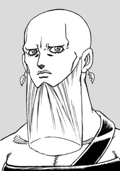 1boy alternate_hair_length alternate_hairstyle araki_hirohiko_(style) ashiro_(collective-mind) bald beard commentary_request earrings expressionless facial_hair greyscale jean_pierre_polnareff jewelry jojo_no_kimyou_na_bouken light_frown male_focus monochrome official_style portrait solo stardust_crusaders