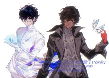 2boys amamiya_ren amamiya_ren_(cosplay) arjuna_(fate) arjuna_(fate)_(cosplay) arm_at_side artist_name black_coat black_hair black_pants brown_hair chromatic_aberration closed_mouth coat cosplay costume_switch dark-skinned_male dark_skin fate/grand_order fate_(series) film_grain glasses gloves grey_vest hair_between_eyes hand_up highres holding holding_mask jacket joker_(persona_5) long_sleeves looking_at_viewer male_focus mask multiple_boys open_clothes open_coat pants persona persona_5 red_gloves short_hair simple_background smile snowliy9212 vest white_background white_jacket white_mask