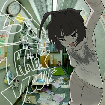 Rule 34 | 1boy, @ @, absurdres, ahoge, arm up, armpits, black eyes, black hair, commentary, cowboy shot, english commentary, fang, highres, looking at viewer, male focus, multiple scars, nightcore (n19htc0r333), no pants, open mouth, original, photo background, scar, scar on arm, scar on leg, shirt, short hair, short sleeves, skin fang, smile, solo, thighs, trap, white shirt