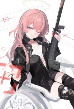 Rule 34 | 1girl, absurdres, arknights, black boots, black jacket, boots, commentary request, death unagi, gun, halo, highres, jacket, lemuen (arknights), long hair, one eye closed, pink eyes, pink hair, rifle, sniper rifle, solo, thigh boots, weapon, wheelchair