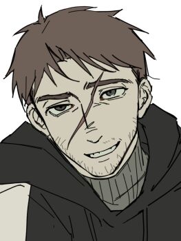 1boy :d aegyo_sal afraid_of_monsters beard_stubble black_hoodie brotherhon56337 brown_eyes brown_hair commentary_request david_leatherhoff facial_hair grin highres hood hood_down hoodie looking_at_viewer male_focus open_mouth portrait scar scar_on_face short_hair smile solo stubble turtleneck