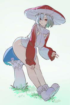 1girl :p ankle_boots bent_over boots breasts closed_mouth colored_inner_hair commentary eyes_visible_through_hair frilled_hat frills full_body grass green_hair hair_between_eyes hand_on_own_knee hat highres large_breasts light_blush long_sleeves looking_at_viewer multicolored_hair mushroom_hat on_mushroom original puffy_long_sleeves puffy_sleeves red_eyes red_hat shirt short_hair sitting_on_mushroom sleeves_past_wrists smile solo standing symbol-only_commentary timbougami tongue tongue_out v white_background white_boots white_hair white_shirt