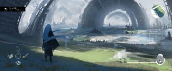 1girl absurdres achievement_unlocked asteroid_ill bird black_dress black_poncho commentary_request dress floating_hair grass heads-up_display health_bar highres iz_(asteroid_ill) long_hair minimap nature original outdoors road ruins scenery solo standing translation_request user_interface white_hair wide_shot
