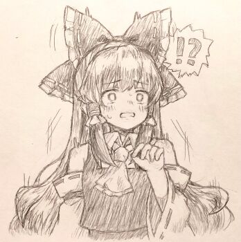 !? 1girl ascot blush bow commentary_request detached_sleeves frilled_bow frilled_hair_tubes frills hair_bow hair_tubes hakurei_reimu highres long_hair ribbon-trimmed_sleeves ribbon_trim saakarinrin solo spoken_interrobang sweat touhou traditional_media