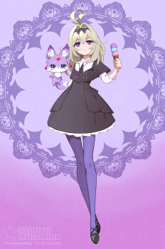 Rule 34 | 1girl, 32zzz, :3, animal ear fluff, animal ears, antenna hair, arm behind back, artist name, black capelet, black dress, black ribbon, black shoes, brown hair, buttons, capelet, commentary, creature, crossed bangs, crossed legs, double-breasted, dress, english commentary, expressionless, fairy, food, frilled dress, frills, full body, gradient background, hair between eyes, hair intakes, hair ribbon, heart, heart-shaped blush stickers, highres, holding, holding food, holding ice cream, holding ice cream cone, ice cream, ice cream cone, jewelry, lace background, looking at viewer, mary janes, mashu-tan, medium dress, medium hair, meitantei precure!, moria luluka, necklace, pantyhose, precure, purple background, purple eyes, purple fur, purple pantyhose, ribbon, shoes, smile, solo, split mouth, standing, three-quarter sleeves, watermark