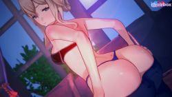 1girl 3d animated artist_name ass ass_shake blonde_hair blue_eyes bouncing_ass bouncing_breasts bra breasts choirbox clothes_pull denim genshin_impact huge_ass inconvenient_ass jean_(genshin_impact) jeans jiggle koikatsu_(medium) long_hair medium_breasts pants pants_pull ponytail solo sound strapless strapless_bra thong underwear video