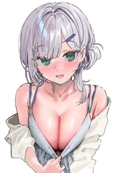 Rule 34 | 1girl, :d, babydoll, blue choker, blush, breasts, cardigan, choker, cleavage, commentary, green eyes, grey hair, hair ornament, hair rings, hairclip, hololive, kanzarin, large breasts, looking at viewer, medium hair, official alternate costume, official alternate hairstyle, open mouth, shirogane noel, shirogane noel (9th costume), simple background, single hair ring, smile, solo, upper body, virtual youtuber, white babydoll, white background, white cardigan