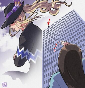 1boy 1girl artist_name black_hair black_jacket blonde_hair blue_jacket building cain_highwind crossed_arms dissidia_duellum_final_fantasy dissidia_final_fantasy fedora final_fantasy final_fantasy_iv final_fantasy_viii from_below hat hat_feather hat_over_eyes jacket long_hair looking_up official_alternate_costume ponytail rinoa_heartilly shading_eyes shikiwo skyscraper wavy_hair