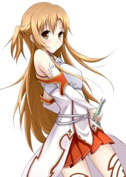 Rule 34 | 10s, 1girl, asuna (sao), brown eyes, brown hair, detached sleeves, female focus, iray, long hair, looking at viewer, simple background, skirt, smile, solo, sword, sword art online, thighhighs, weapon, white background
