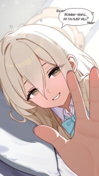 1girl akane_(blue_archive) akane_(school_uniform)_(blue_archive) aqua_bow aqua_bowtie blonde_hair blue_archive bow bowtie brown_cardigan brown_eyes brown_halo cardigan commentary dated_commentary english_text halo head_on_pillow heart highres long_hair looking_at_viewer loving_aura lying maauko1 no_eyewear on_side parted_lips pillow reaching reaching_towards_viewer sideways smile solo speech_bubble