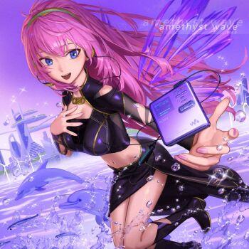 1girl black_boots black_shirt black_skirt blue_eyes boots breasts building cable city cityscape cleavage commentary crop_top dolphin english_commentary english_text fish flying_fish frutiger_aero headphones highres jumping long_hair looking_at_viewer megurine_luka midriff minidisc_player outstretched_hand perspective pink_hair pink_nails purple_theme science_fiction shirt skirt smile solo sony tim_yrt vocaloid water wind_turbine windmill