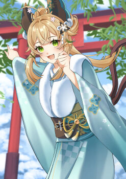 1girl absurdres bell black_sash blonde_hair blue_kimono blurry blurry_background commentary_request day fur-trimmed_kimono fur_trim genshin_impact green_eyes hair_bell hair_between_eyes hair_ornament hands_up highres japanese_clothes jingle_bell kimono kirara_(genshin_impact) kirara_(post_office)_(genshin_impact) long_hair looking_at_viewer multiple_tails obi official_alternate_costume open_mouth outdoors pointing sash snow solo tail torii two_tails watatai watermark
