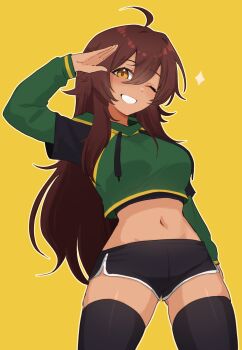 1girl ;) ahoge black_shorts black_thighhighs brown_eyes brown_hair commentary commission cropped_shirt dolphin_shorts drawstring english_commentary grin hair_between_eyes highres layered_sleeves long_hair long_sleeves looking_at_viewer midriff navel nyaivie one_eye_closed original outline salute short_over_long_sleeves short_shorts short_sleeves shorts simple_background smile solo thighhighs very_long_hair white_outline yellow_background