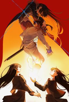 4girls absurdres aijou_karen amemiya_shion artist_name black_hair black_jacket book boots bow bowtie brown_eyes brown_hair chain closed_eyes commentary covered_eyes english_commentary epaulettes facing_away fingernails floating_hair gradient_background grey_jacket grey_skirt grin hair_ornament hair_over_eyes hairclip hand_on_another&#039;s_head hand_up highres holding holding_book holding_pen jacket juliet_sleeves kagura_hikari knee_boots ling_(chaaaaanhikari) long_hair long_sleeves looking_at_another looking_up masai_kiriko multiple_girls official_alternate_costume open_book open_clothes open_jacket orange_background pants parted_lips pen pleated_skirt profile puffy_sleeves red_background red_bow red_bowtie scabbard school_uniform seishou_music_academy_uniform sheath sheathed shirt shirt_tucked_in short_hair shoujo_kageki_revue_starlight signature skirt smile standing sword very_long_hair weapon white_background white_jacket white_pants white_shirt
