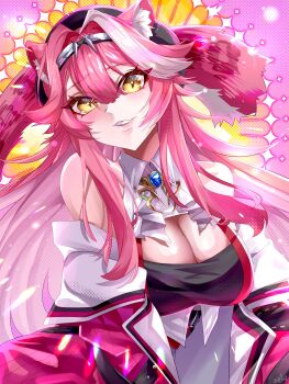 1girl animal_ears beret black_hat black_tube_top breasts cat_ears cat_girl cat_tail closed_mouth fumizuki_kazuhito goggles goggles_on_head hat highres hololive hololive_english jacket large_breasts looking_at_viewer pink_hair raora_panthera raora_panthera_(1st_costume) smile solo strapless tail tube_top virtual_youtuber white_jacket yellow_eyes