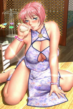 1girl 3d :d alcohol arm_support bare_shoulders barefoot bed blue_eyes bracelet breasts china_dress chinese_clothes cleavage cleavage_cutout clothing_cutout covered_erect_nipples curvy dress earrings female_focus fingernails floral_print game_cg glass grin highres huge_breasts indoors jewelry leaning_forward legs light_rays lips lipstick long_fingernails makeup mature_female nail_polish naughty_face no_bra no_panties on_floor open_mouth pink_hair pink_nails sake short_hair side_slit sideboob sister_mermaid smile solo spread_legs sunbeam sunlight table tsukasa_jun turtleneck utsumi_sara wooden_floor