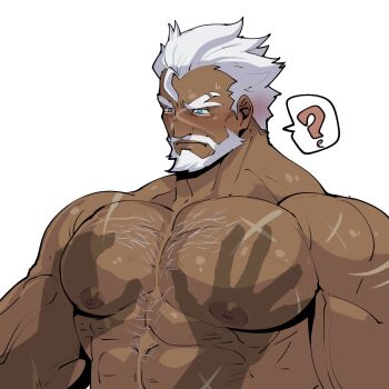 ? abs bara bare_pectorals beard biceps blush chest_hair cookie_run dark-skinned_male dark_skin facial_hair full_beard highres huge_pectorals large_areolae large_pectorals looking_down male_focus muscular muscular_male nipples nude old old_man pectoral_cleavage pectoral_focus pectoral_grab pectorals puffy_nipples raised_eyebrow rybiok scar scar_on_face shadow_hands speech_bubble tea_knight_cookie veins veiny_arms veiny_neck white_background white_beard white_hair yaoi