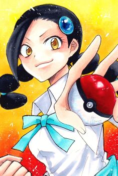 Rule 34 | 1girl, black hair, breasts, brown eyes, candice (pokemon), kusuke, large breasts, multi-tied hair, nintendo, poke ball, pokemon, pokemon dppt, red background, shirt, upper body, yellow background