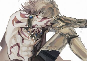 1boy abs arm_tattoo armlet armor bfblackflower black_pants blonde_hair chest_tattoo commentary elbow_on_knee english_commentary facial_mark gauntlets highres honkai:_star_rail honkai_(series) jewelry looking_back looking_to_the_side male_focus muscular muscular_male mydei_(honkai:_star_rail) necklace one_eye_covered pants pectorals red_tattoo side_cape sideways_glance simple_background sitting solo tattoo topless_male white_background yellow_eyes