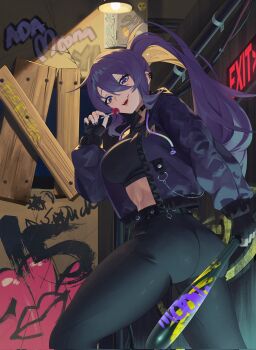 1girl alternate_costume ass back_alley baseball_bat black_nails blonde_hair breasts candy choker colored_inner_hair denim ear_piercing exit_sign food gradient_hair hair_between_eyes high_ponytail highres hololive hololive_indonesia jacket jeans large_breasts lollipop long_hair looking_at_viewer midriff moona_hoshinova multicolored_hair natt_rondonhi open_clothes open_jacket open_mouth pants piercing ponytail purple_eyes purple_hair solo starry_hair teeth two-tone_hair upper_teeth_only virtual_youtuber