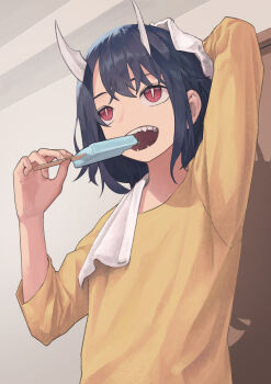 1girl absurdres aoki_ruri arm_behind_head arm_up black_hair bright_pupils commentary door dragon_girl dragon_horns food hair_between_eyes highres holding holding_food holding_popsicle horns indoors looking_ahead popsicle red_eyes ruridragon shadow sharp_teeth shirt short_hair slit_pupils solo teeth towel towel_around_neck umigame_2000 upper_body white_pupils yellow_shirt