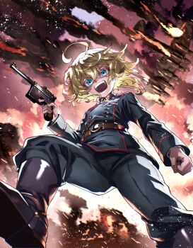 Rule 34 | 1girl, absurdres, ahoge, baggy pants, belt, black belt, black boots, blonde hair, blue eyes, boots, buttons, clenched hand, cloud, cloudy sky, commentary, english commentary, evil smile, explosion, fingernails, fire, gem, green jacket, green pants, gun, hair between eyes, hand up, handgun, high ponytail, highres, holding, holding gun, holding weapon, huge ahoge, jacket, jewelry, long sleeves, looking at viewer, looking down, medal, military, military jacket, military uniform, open mouth, outdoors, pants, pendant, ponytail, red gem, sharp teeth, short hair, sky, smile, solo, standing, tanya degurechaff, teeth, tongue, toujou chika, v-shaped eyebrows, weapon, youjo senki