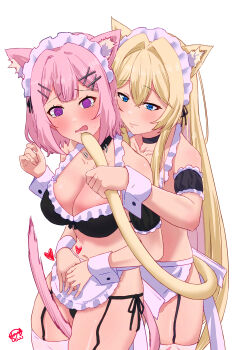 2girls absurdres amaori_renako animal_ears apron black_bra black_choker blue_eyes bra breasts cat_ears cat_girl cat_tail choker commentary dated_commentary detached_sleeves garter_straps hair_between_eyes highres holding_own_tail kemonomimi_mode large_breasts long_hair maid_headdress medium_hair multiple_girls mutsuki_(mutsuki0110) open_mouth ouzuka_mai pink_hair purple_eyes simple_background tail tearing_up underwear waist_apron watashi_ga_koibito_ni_nareru_wake_naijan_murimuri! white_background white_wrist_cuffs wrist_cuffs yuri